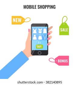 Mobile shopping concept with woman holding smartphone with online shop app. E-commerce and marketing design elements. Vector illustration in flat style.