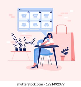 Mobile shopping concept. a woman shopping for T-shirt online. Vector flat illustration.
