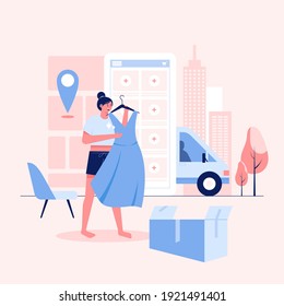 Mobile shopping concept. a young woman taking a new dress from an application of an internet store on a big mobile phone. vector illustration.