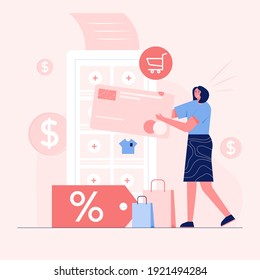Mobile shopping concept. Young woman holding credit card and using card payment purchase for shopping. vector illustration.