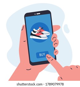 Mobile shopping consept.Man holding a phone in her hands and shopping in the online store,buys a sneakers.Shopping on social networks through phone flat style.Online shopping vector illustration.