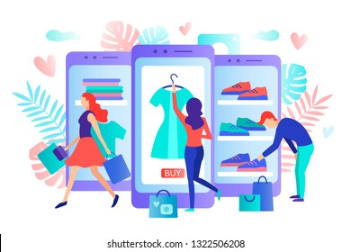 Mobile shopping consept. A men and a woman buy things in the online store. Shopping on social networks through phone flat design style. Online shopping vector illustration.