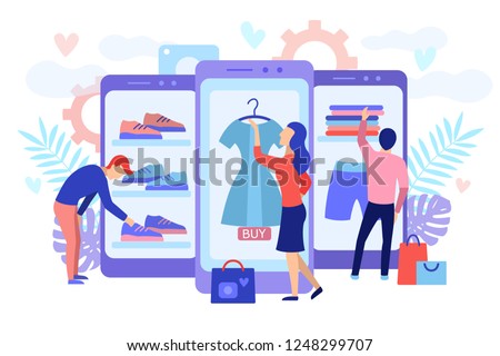 Mobile shopping consept. A men and a woman buy things in the online store. Shopping on social networks through phone flat design style. Online shopping vector illustration.