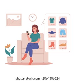 Mobile Shopping Consept. A Woman Buy Things In The Online Store. Shopping On Social Networks Through Phone Flat Design Style. Online Shopping Vector Illustration.