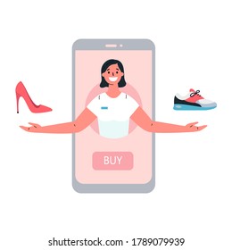 Mobile shopping consept.Online shopping with a consultant in the online store.The consultant helps to choose shoes.Shopping on social networks through phone.Colorful vector illustration in flat style.