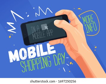 Mobile shopping day banner. Vector blue sale poster. Online shopping email newsletter. Stay home and buy online 