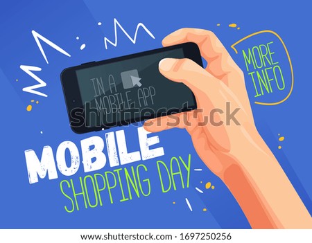 Mobile shopping day banner. Vector blue sale poster. Online shopping email newsletter. Stay home and buy online 