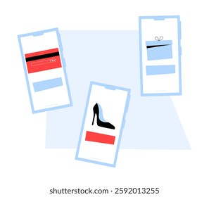 Mobile Shopping Deals With Discount Cards And High Heels In Flat Vector Illustration Symbolizing Online Fashion Sales, E Commerce, And Digital Shopping, Isolated On White Background.