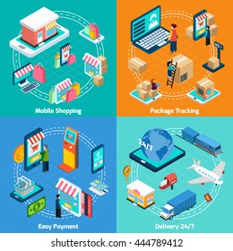 Mobile shopping delivery payment and tracking with related elements isometric 2x2 icons set