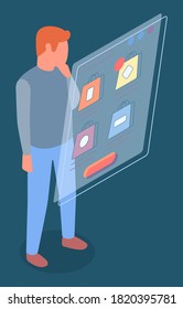 Mobile shopping, distance purchases flat vector concept. Man selecting a purchase in a mobile phone application. Shopping in the online store, the remote male buyer selects the product on the site