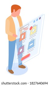 Mobile shopping, distance purchases flat vector concept. Man selecting a purchase in a mobile phone application. Shopping in the online store, the remote male buyer selects the product on the site
