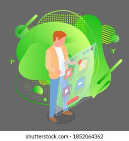 Compras móviles, la distancia compra el concepto de vector plano. Hombre seleccionando una compra en una aplicación de teléfono móvil. Comprando en la tienda online, el comprador masculino remoto selecciona el producto en el sitio