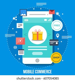 Mobile shopping, e-commerce application on mobile screen for on-line transaction flat vector