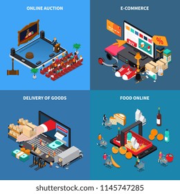 Mobile shopping e-commerce concept 4 isometric compositions with online food auction goods purchase delivery vector illustration 