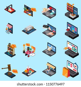 Mobile shopping e-commerce concept isometric icons collection with food clothing electronics online sales isolated vector illustration   