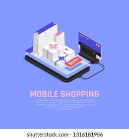 Mobile shopping and ecommerce concept with online orderind symbols isometric vector illustration
