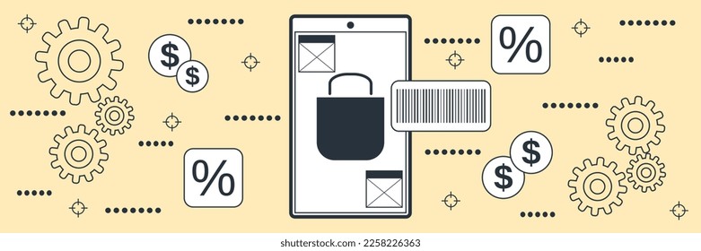 Compras móviles, comercio electrónico, comercio distante, estilo de contorno plano de contorno vectorial ilustración de concepto