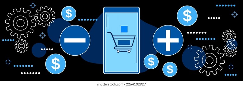 Compras móviles, comercio electrónico, comercio distante, estilo de tema oscuro vectorial ilustración del concepto