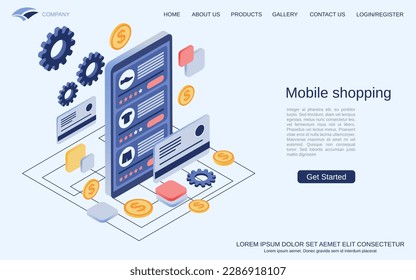 Mobile shopping, e-commerce, distant trade modern 3d isometric style vector concept illustration. Landing page design template