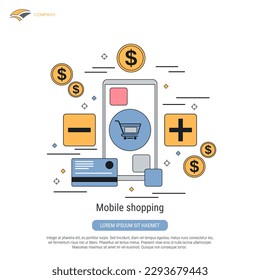 Mobile Shopping, E-Commerce, ferne Handelsflachkontur, Vektorgrafik
