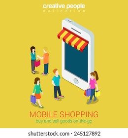 Mobile shopping e-commerce online store flat 3d web isometric infographic concept vector and electronic business, black friday sales. People walk on street between stores boutiques like phones tablets