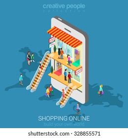 Mobile shopping e-commerce online store flat 3d web isometric infographic concept vector and electronic business, sales, black Friday. People walk on floors in stores boutiques like inside smartphone.