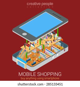 Mobile shopping e-commerce online supermarket store flat 3d web isometric infographic concept vector and electronic business, sales. Buyers customers inside big smartphone among shelves with goods.