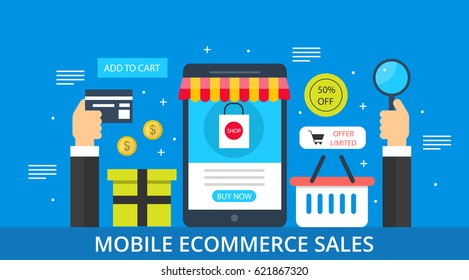 Mobile shopping, mobile e-commerce technology, mobile purchase and payment flat vector banner concept