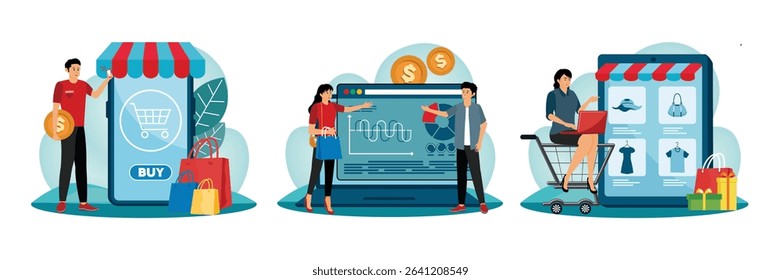 Mobile shopping, featuring a large smartphone, basket, customer and colorful shopping bags.  People discuss financial charts on laptop screens.  A woman shopping online with a laptop.