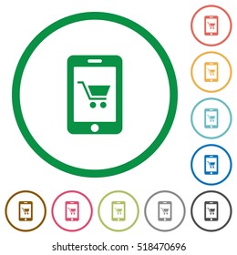 Mobile shopping flat color icons in round outlines