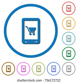 Mobile shopping flat color vector icons with shadows in round outlines on white background