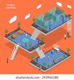 Mobile shopping flat isometric vector concept. People walk by store that constructed with smartphones.