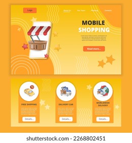 Mobile shopping flat landing page website template. Free shipping, delivery car, worldwide delivery. Web banner with header, content and footer. Vector illustration.