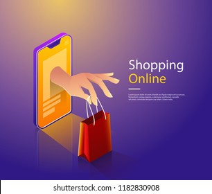 Mobile Shopping Flat Vector Concept. Hand Of Delivery Man With Shopping Bag From Cloud And Customers