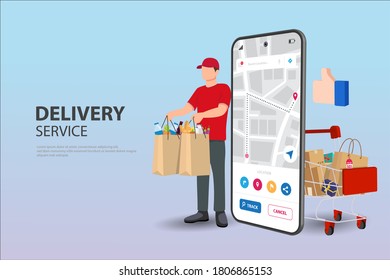 Mobile shopping flat vector concept. Hand of delivery man with shopping bag from cloud and customers
