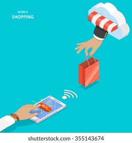 Mobile shopping flat vector concept. Hand of delivery man with shopping bag from cloud and customers one pushing button BUY on the smartphone.