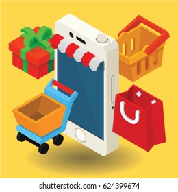 Mobile shopping flat vector concept. isometric