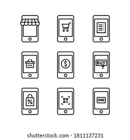 Mobile shopping, front store, trolley, bill, basket, payment, buy, discount, scan and code icons set. Shopping online concept. Isolate on white background.