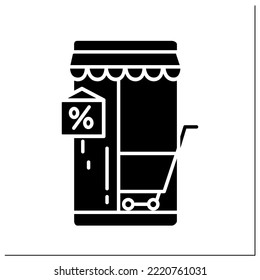 Mobile shopping glyph icon.Online retail store application element. Smartphone with shopping cart. Digital marketing and e-commerce technology.Filled flat sign. Isolated silhouette vector illustration