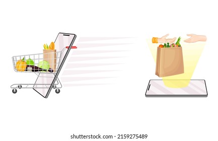 Mobile shopping and home delivery. E-commerce, digital marketing cartoon vector illustration
