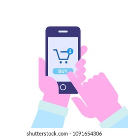 Mobile Shopping. Human hand using mobile phone for purchase. Flat Vector cartoon illustration.