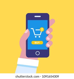 Mobile Shopping. Human hand using mobile phone for purchase. Flat Vector cartoon illustration.