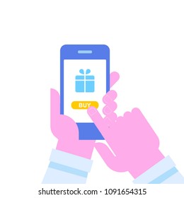 Mobile Shopping. Human hand using mobile phone for purchase. Flat Vector cartoon illustration.