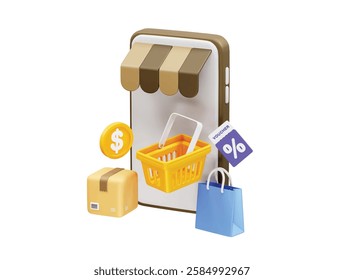 Mobile Shopping icon 3d. Online shopping 3d render illustration icon