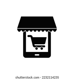 Icono de compra móvil en glifo plano negro, estilo relleno aislado en fondo blanco