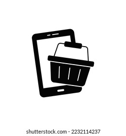 Mobile shopping icon in black flat glyph, filled style isolated on white background