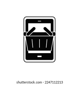 Mobile shopping icon in black flat glyph, filled style isolated on white background