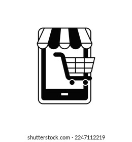Mobile shopping icon in black flat glyph, filled style isolated on white background