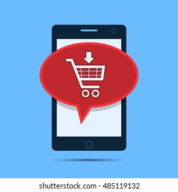 Mobile shopping icon with bubble and pushcart sign. Smartphone icon with speech bubble and cart sign. Online shopping e-commerce concept. Vector isolated illustration.