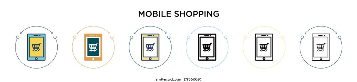 Mobile shopping icon in filled, thin line, outline and stroke style. Vector illustration of two colored and black mobile shopping vector icons designs can be used for mobile, ui, web